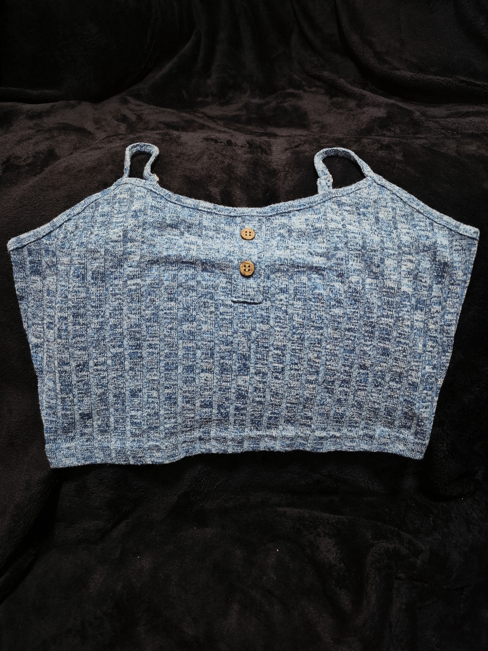Textured Light Blue Ribbed Cropped Tank with Button Detail